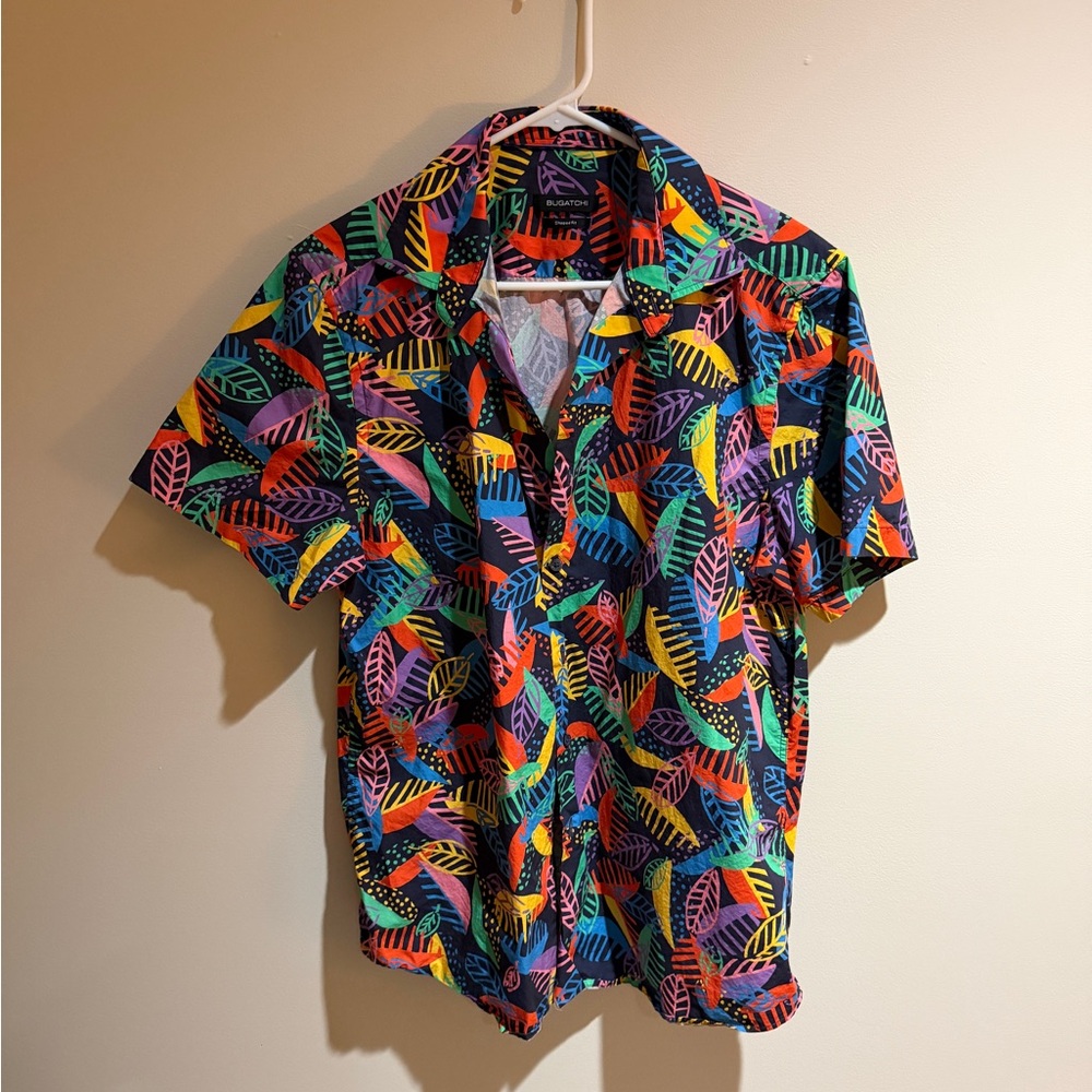 Mens Large Short Sleeve Bugatchi Uomo Hawaiian/Abstract Colorful Buttoned Shirt